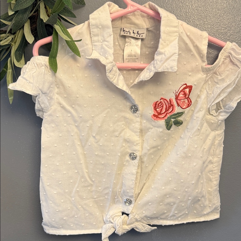 Nicole miller White Swiss Dot Tie-Front Blouse with Red Rose